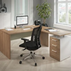 Mesa de Oficina con cajones Work Plus fondo 80, frontales melamina estructura naturale