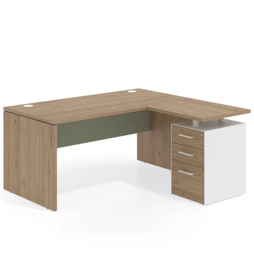Mesa de Oficina con cajones Work Plus, ala corta, fondo 80, frontales melamina estructura naturale