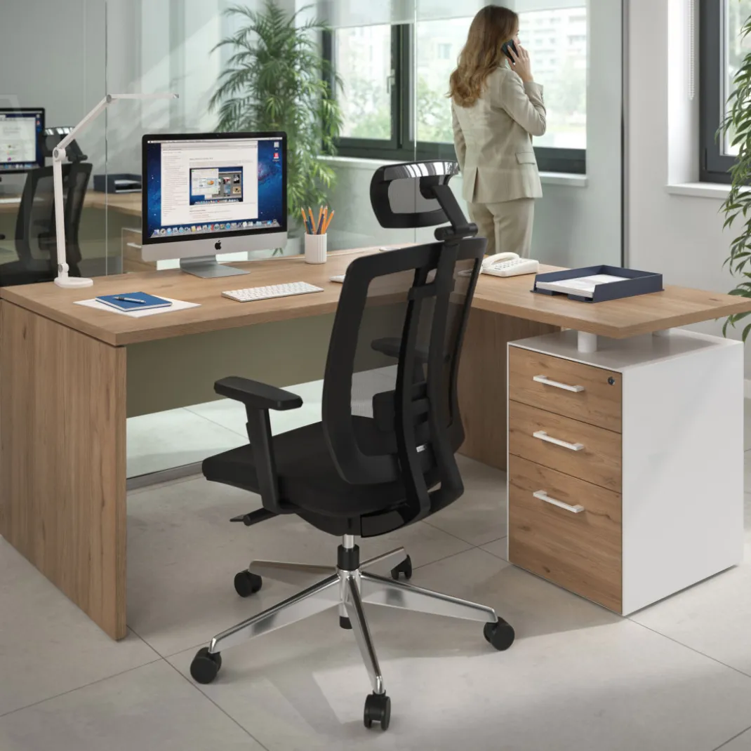 Mesa de Oficina con cajones Work Plus, ala corta, fondo 80, frontales melamina estructura naturale