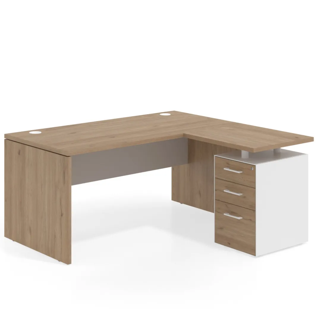 Mesa de Oficina con cajones Work Plus, ala corta, fondo 80, frontales melamina estructura naturale
