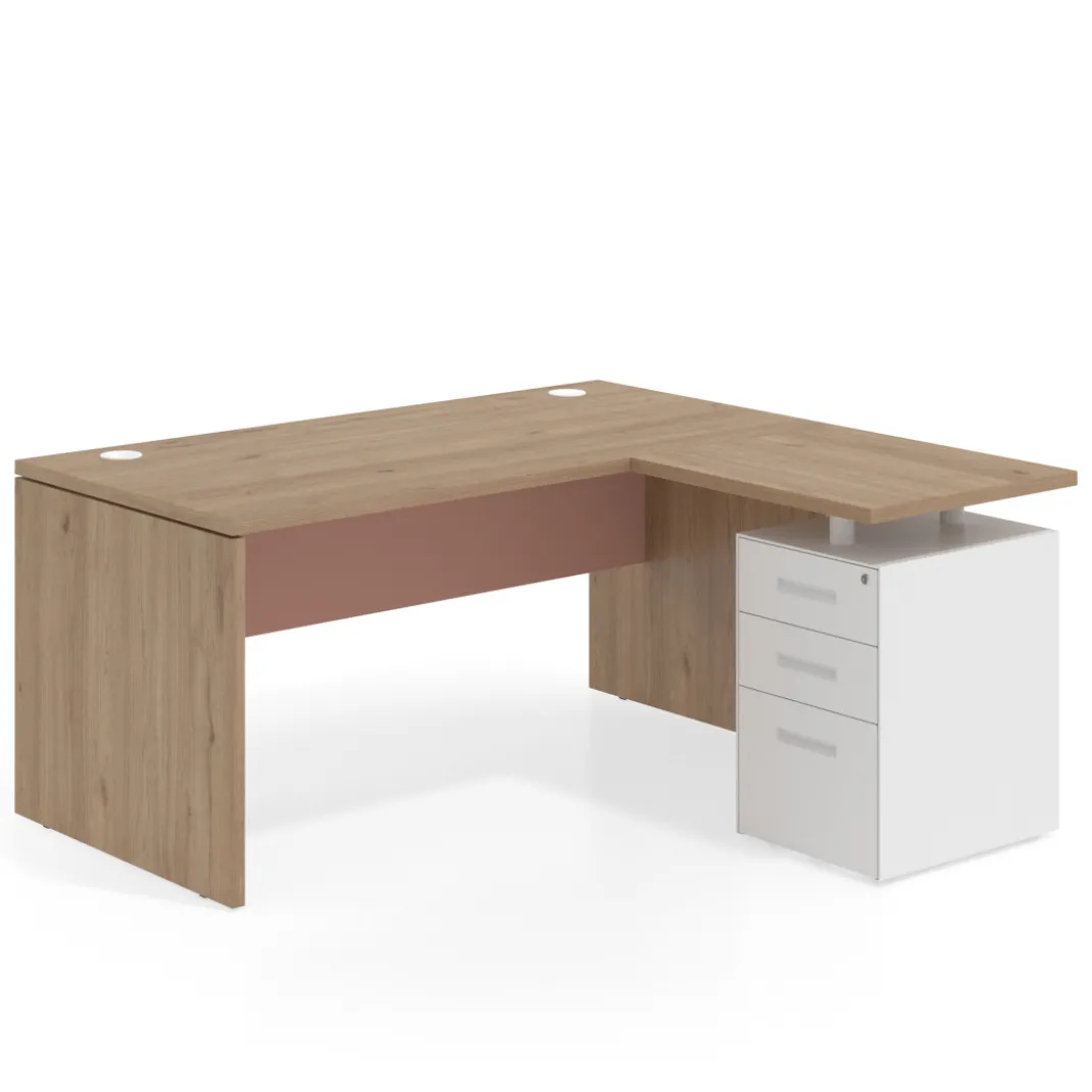 Mesa de Oficina con cajones Work Plus fondo 80, ala corta, frontales de metal estructura naturale