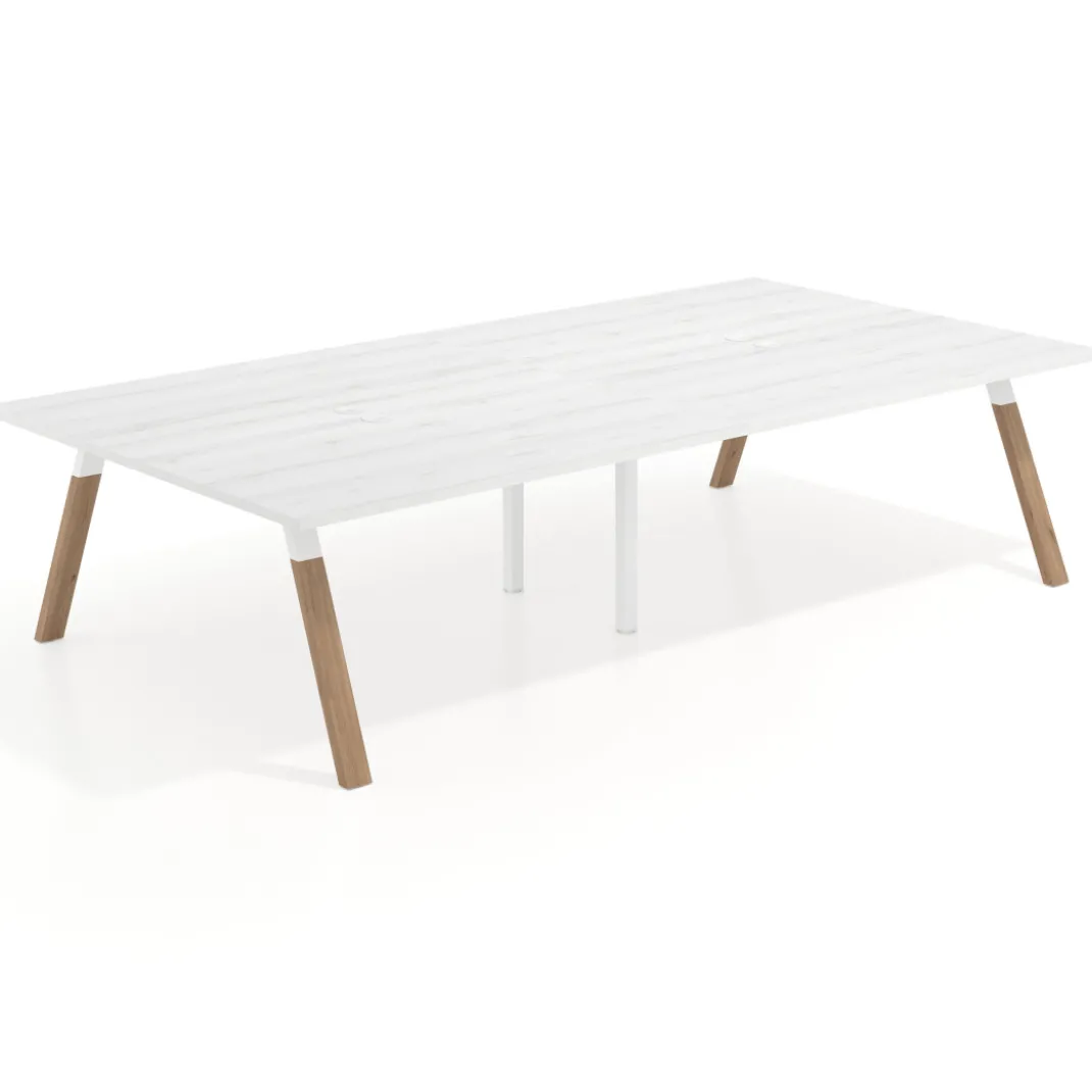 Mesa de oficina coworking doble UvePro fondo 166, cantos rectos, estructura blanca/madera
