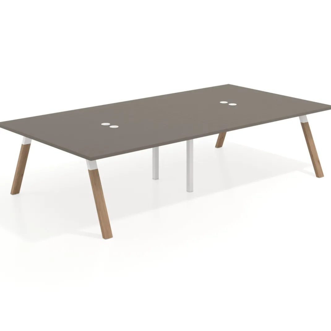 Mesa de oficina coworking doble UvePro fondo 166, cantos rectos, estructura blanca/madera
