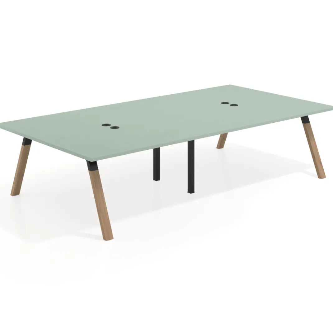 Mesa de oficina coworking doble UvePro fondo 166, cantos rectos, estructura negra/madera