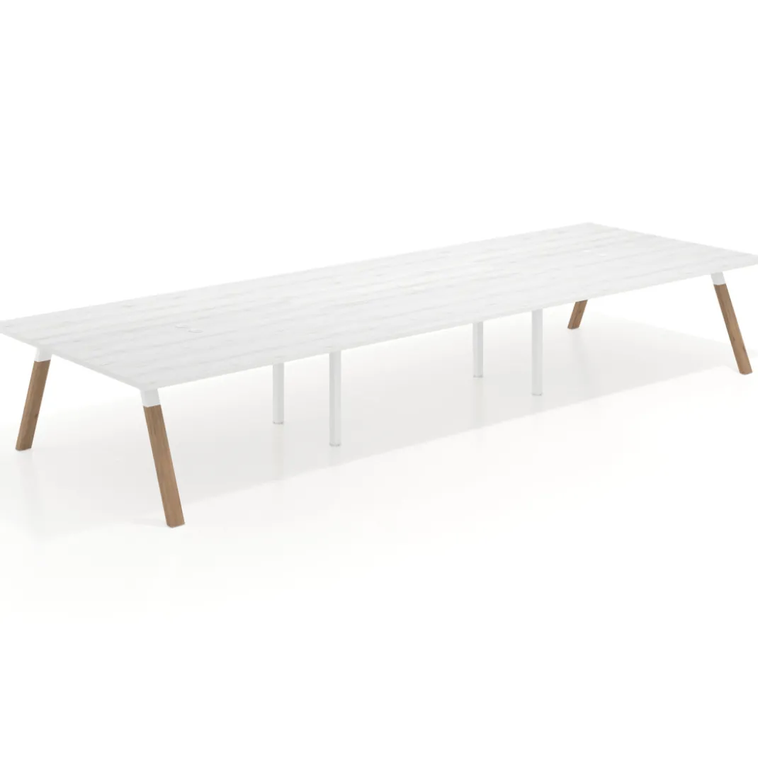 Mesa de oficina coworking triple UvePro fondo 166, cantos rectos, estructura blanca/madera