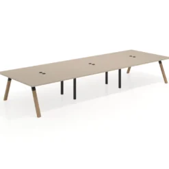 Mesa de oficina coworking triple UvePro fondo 166, cantos rectos, estructura negra/madera