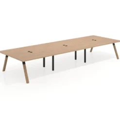 Mesa de oficina coworking triple UvePro fondo 166, cantos rectos, estructura negra/madera