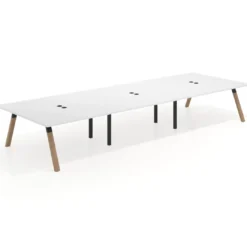 Mesa de oficina coworking triple UvePro fondo 166, cantos rectos, estructura negra/madera