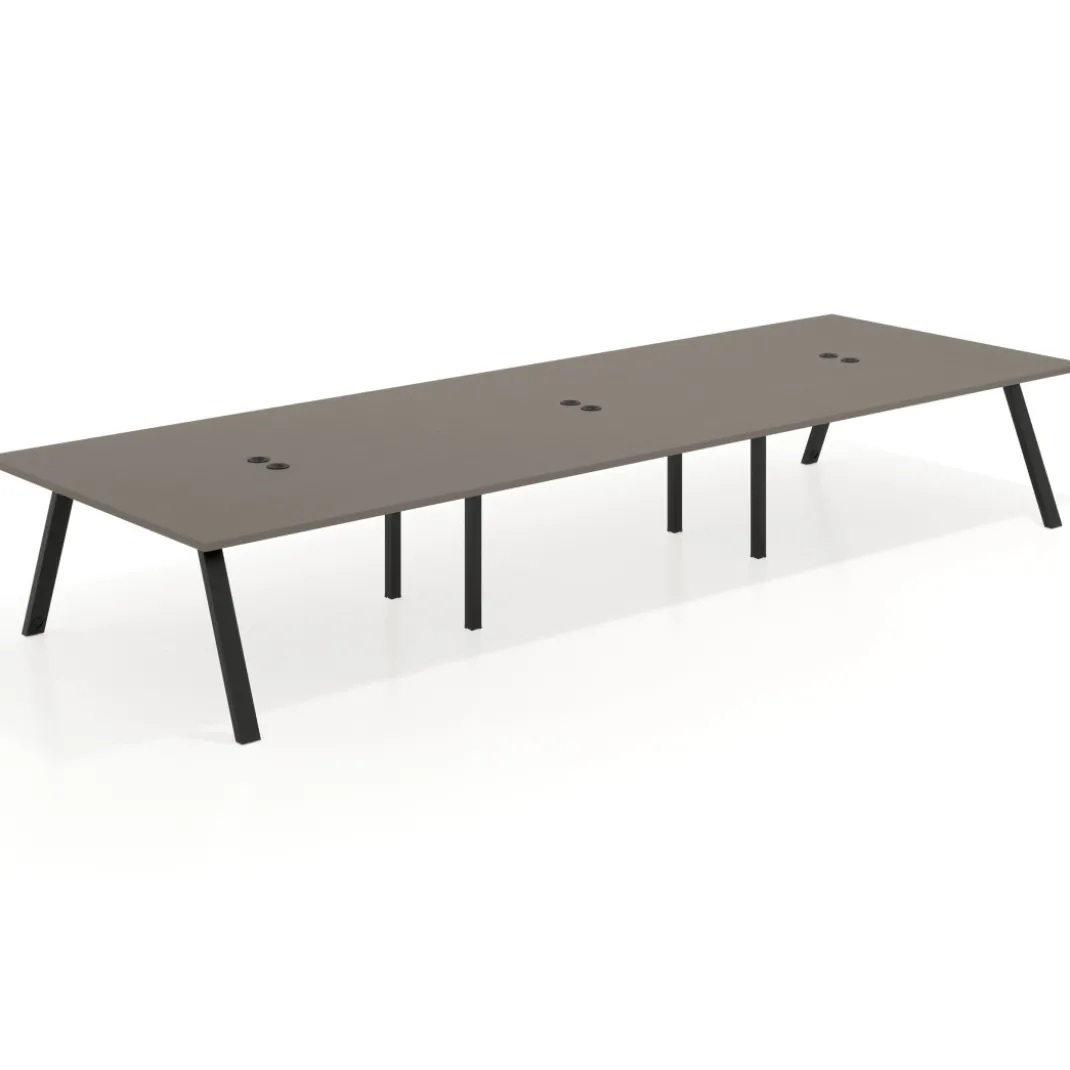 Mesa de oficina coworking triple UvePro fondo 166, cantos rectos, estructura negra