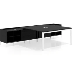 Mesa de oficina doble con pedestal estantes Kube, encimera única, estructura blanca