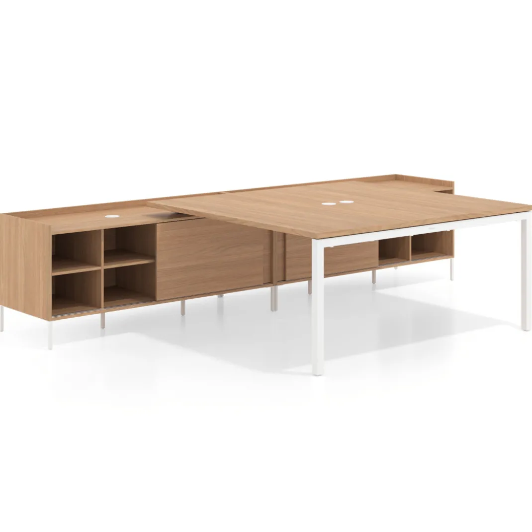Mesa de oficina doble con pedestal estantes Kube, encimera única, estructura blanca