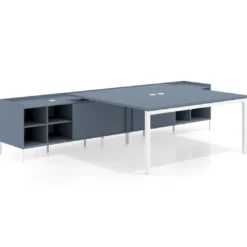 Mesa de oficina doble con pedestal estantes Kube, encimera única, estructura blanca