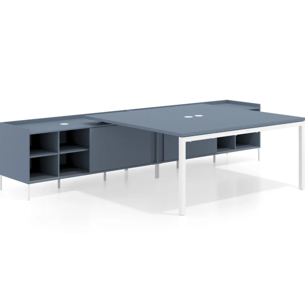 Mesa de oficina doble con pedestal estantes Kube, encimera única, estructura blanca