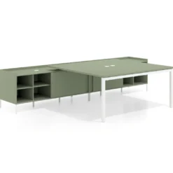 Mesa de oficina doble con pedestal estantes Kube, encimera única, estructura blanca