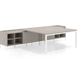 Mesa de oficina doble con pedestal estantes Kube, encimera única, estructura blanca