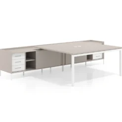 Mesa de oficina doble con pedestal cajonera Kube, encimera única, estructura blanca