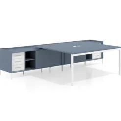 Mesa de oficina doble con pedestal cajonera Kube, encimera única, estructura blanca