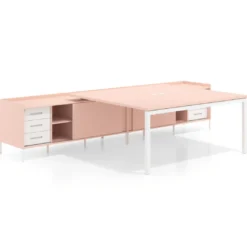 Mesa de oficina doble con pedestal cajonera Kube, encimera única, estructura blanca