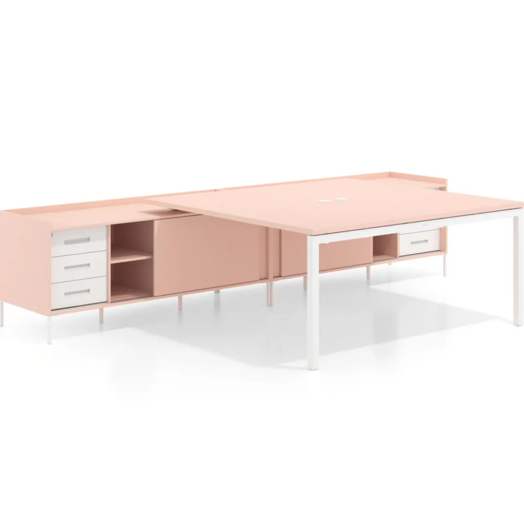 Mesa de oficina doble con pedestal cajonera Kube, encimera única, estructura blanca