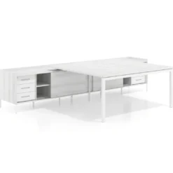 Mesa de oficina doble con pedestal cajonera Kube, encimera única, estructura blanca