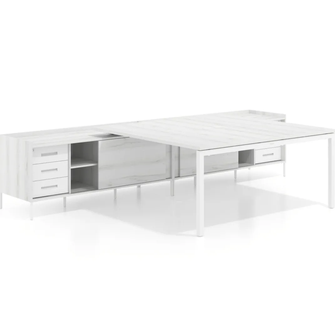 Mesa de oficina doble con pedestal cajonera Kube, encimera única, estructura blanca