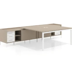 Mesa de oficina doble con pedestal cajonera Kube, encimera única, estructura blanca