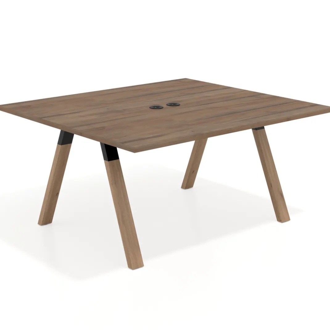 Mesa de oficina doble UvePro fondo 142, cantos rectos, estructura negra/madera