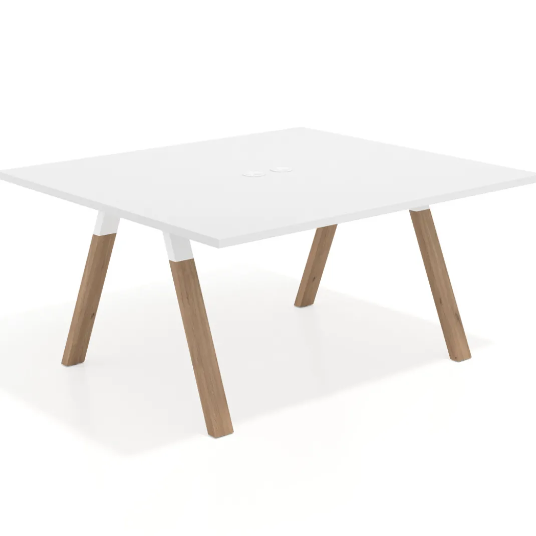 Mesa de oficina doble UvePro fondo 142, cantos rectos, estructura blanca/madera