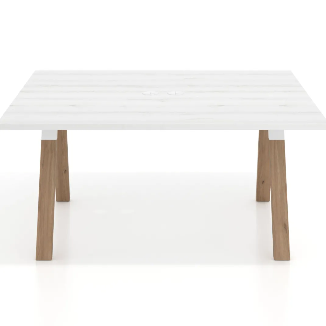 Mesa de oficina doble UvePro fondo 142, cantos rectos, estructura blanca/madera