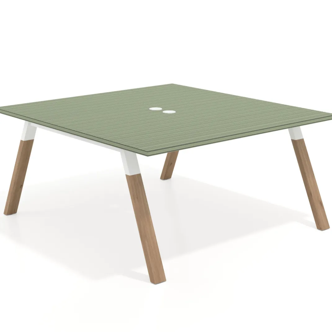 Mesa de oficina doble UvePro fondo 166, cantos rectos, estructura blanca/madera