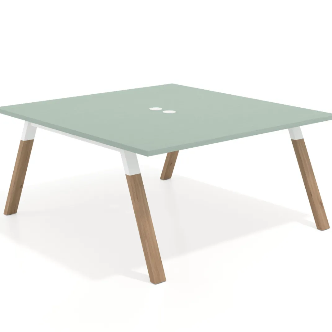 Mesa de oficina doble UvePro fondo 166, cantos rectos, estructura blanca/madera