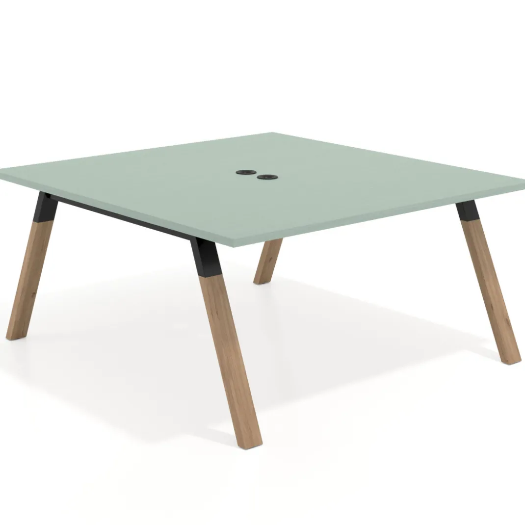 Mesa de oficina doble UvePro fondo 166, cantos rectos, estructura negra/madera