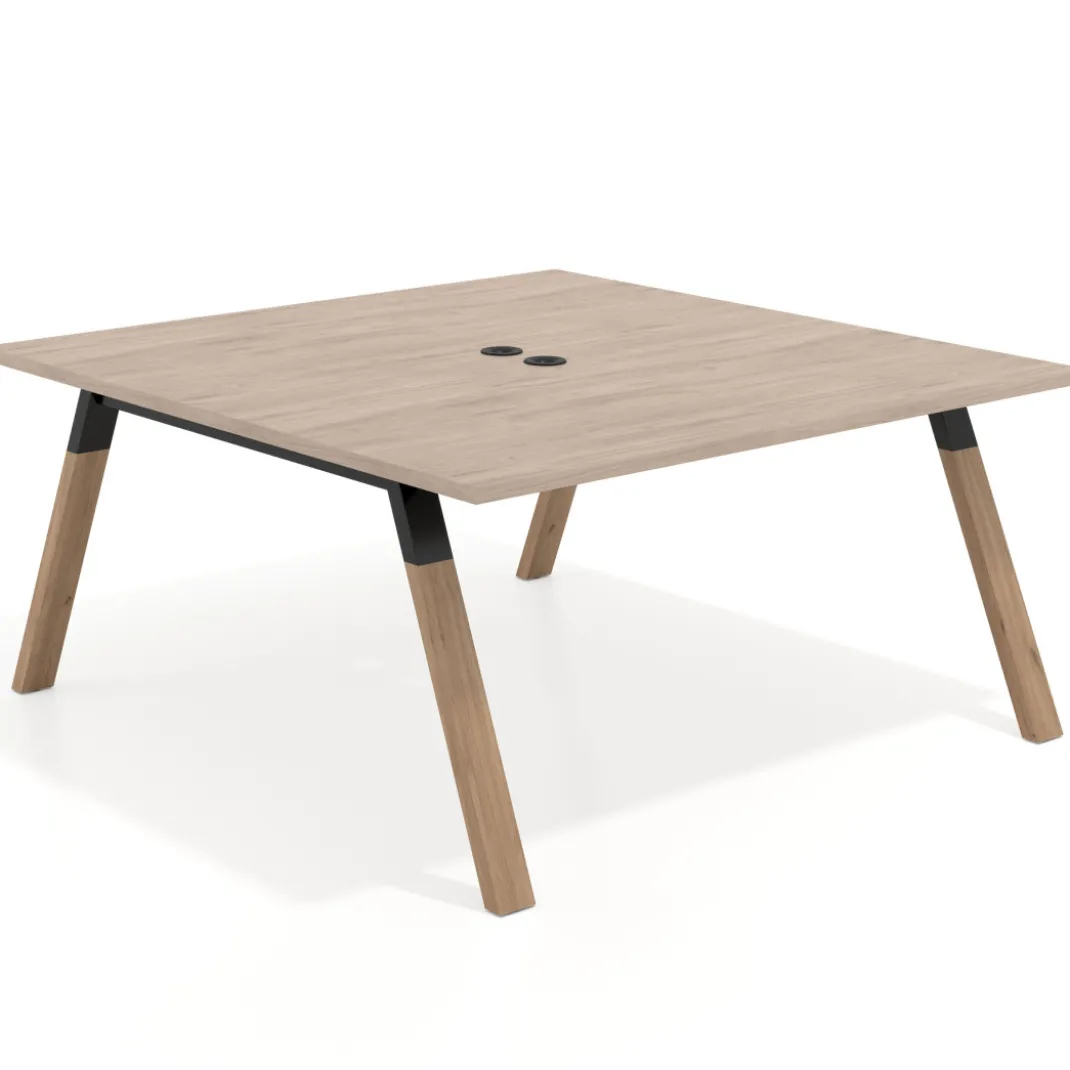 Mesa de oficina doble UvePro fondo 166, cantos rectos, estructura negra/madera