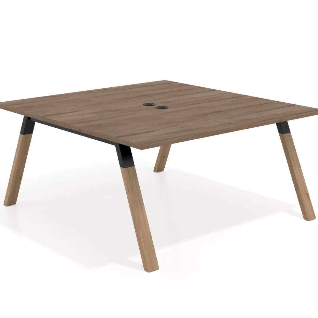 Mesa de oficina doble UvePro fondo 166, cantos rectos, estructura negra/madera