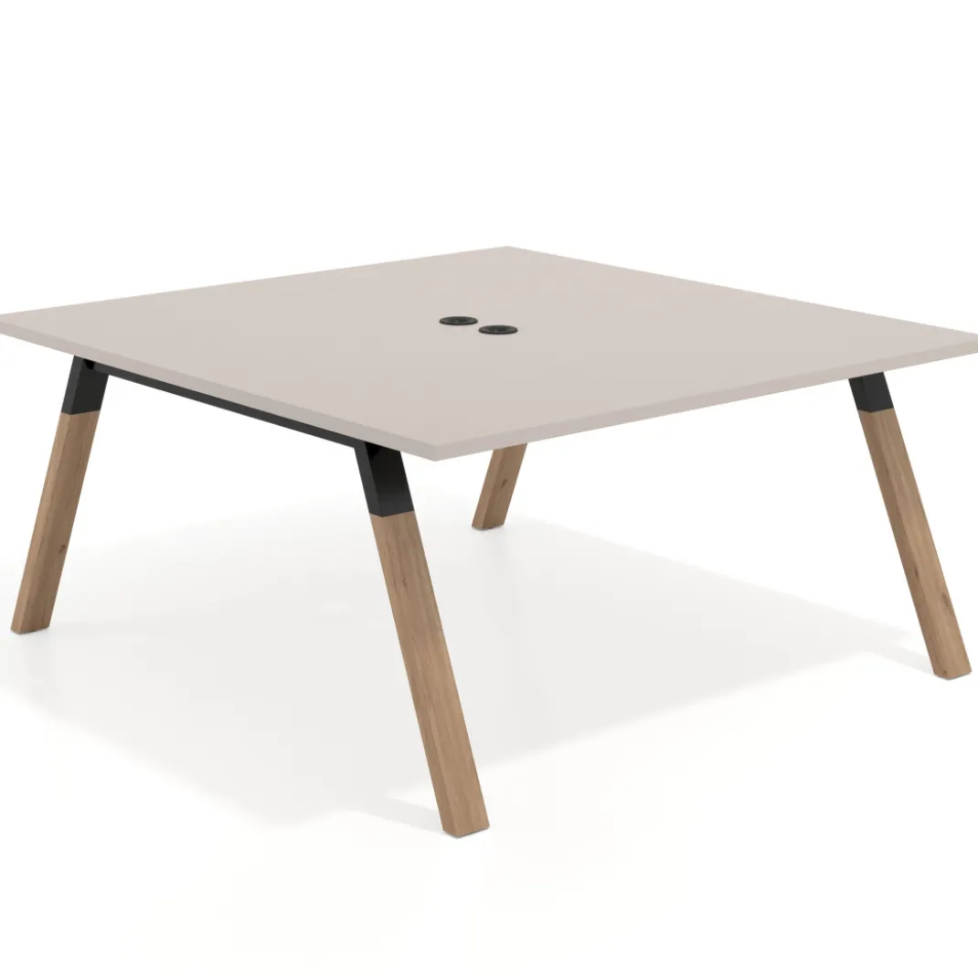 Mesa de oficina doble UvePro fondo 166, cantos rectos, estructura negra/madera