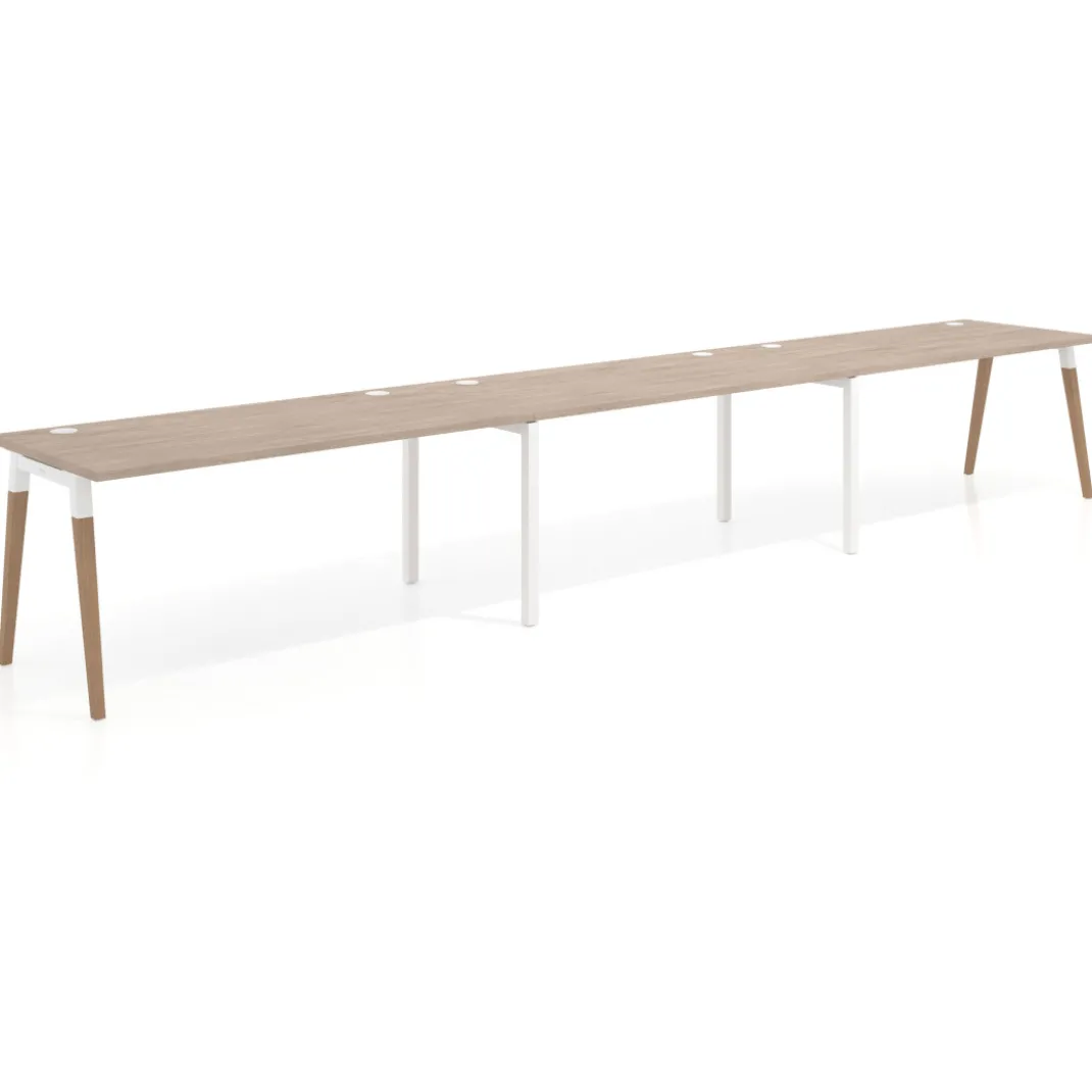 Mesa de oficina en continuidad Arki triple, patas de madera, fondo 80cm
