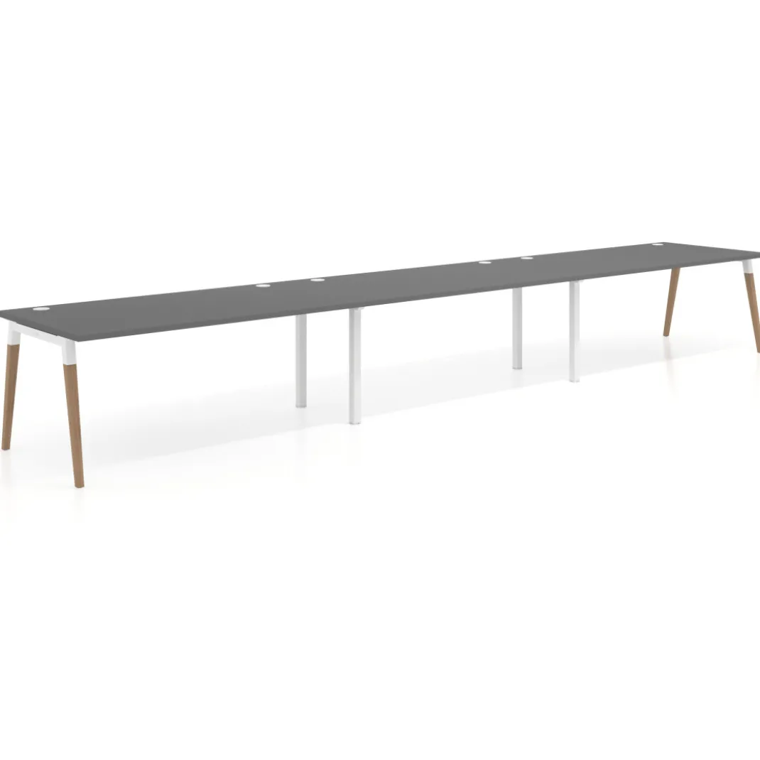 Mesa de oficina en continuidad Arki triple, patas de madera, fondo 100cm