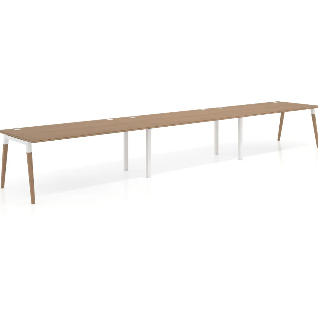 Mesa de oficina en continuidad Arki triple, patas de madera, fondo 100cm