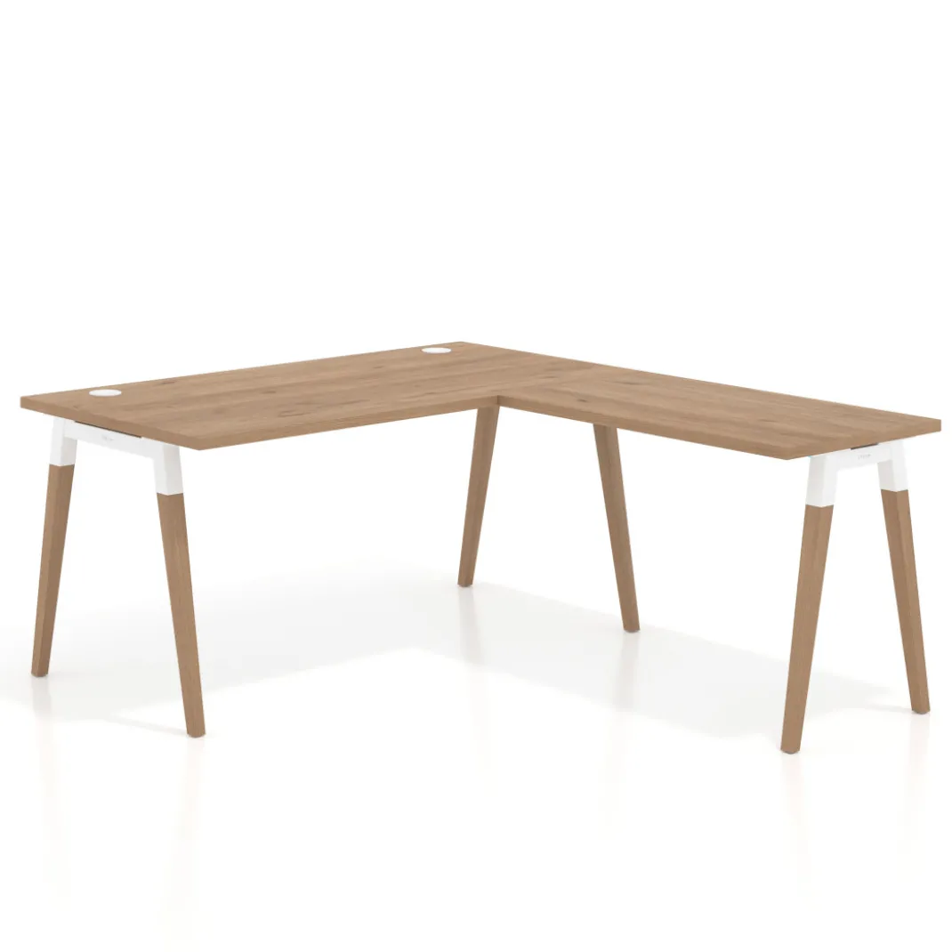 Mesa de oficina en L Arki fondo 80cm con ala, patas de madera