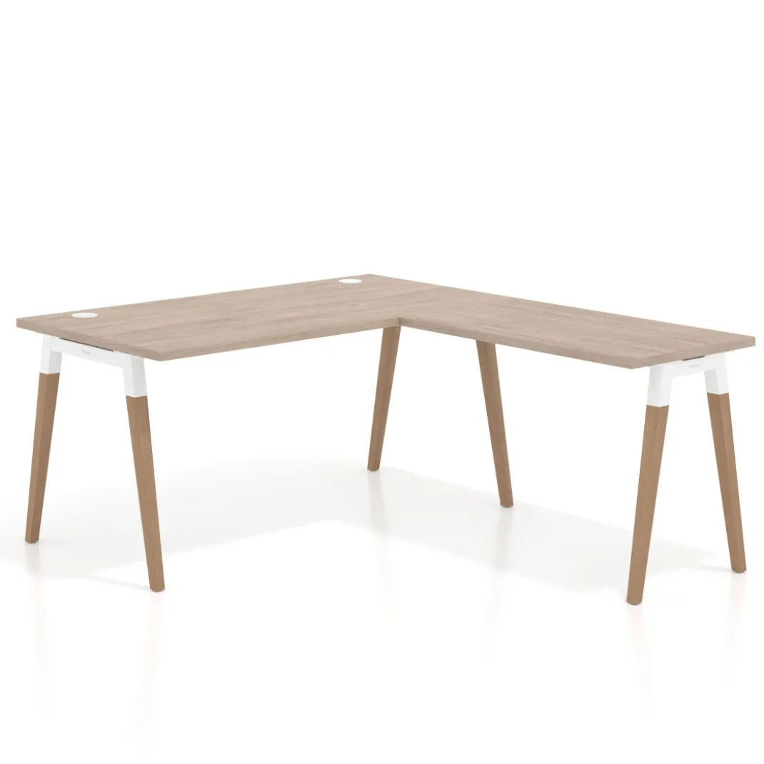Mesa de oficina en L Arki fondo 80cm con ala, patas de madera