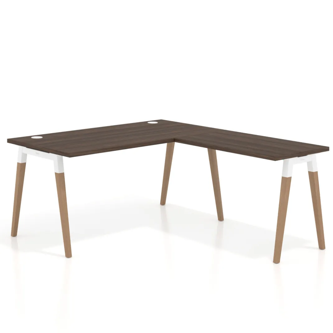 Mesa de oficina en L Arki fondo 80cm con ala, patas de madera