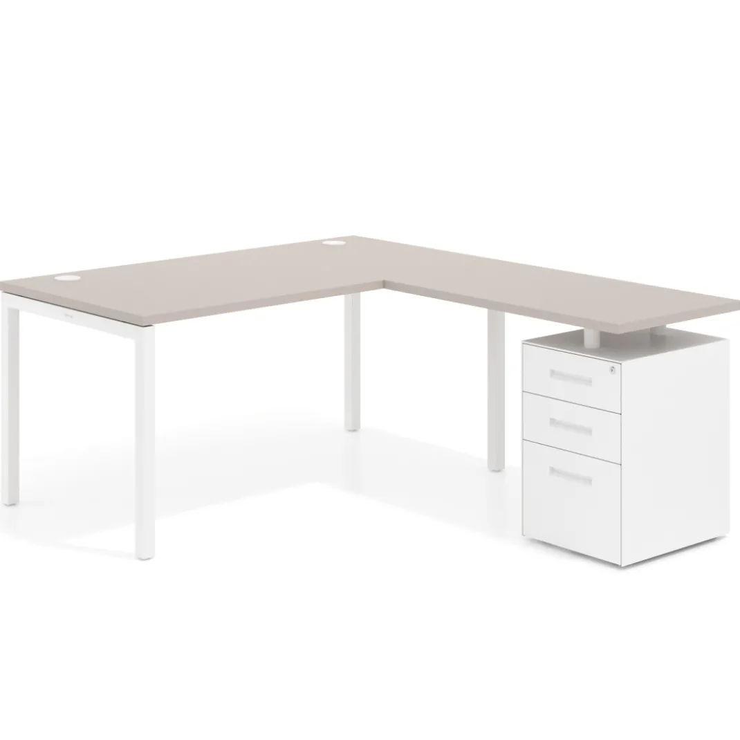 Mesa de oficina en L con cajones Kube fondo 80, frontales metal, estructura blanca