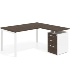 Mesa de oficina en L con cajones Kube fondo 80, ala corta, frontales melamina, estructura blanca