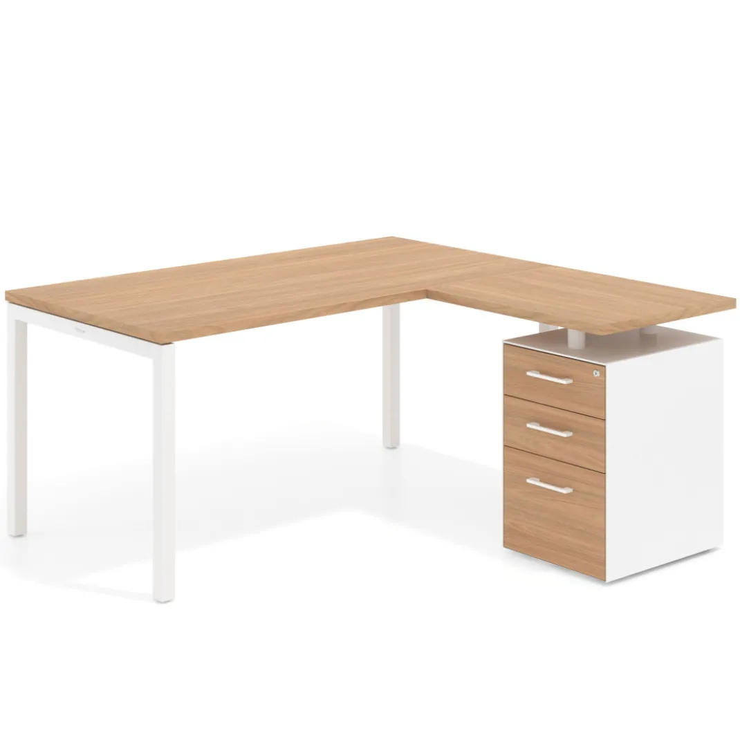 Mesa de oficina en L con cajones Kube fondo 80, ala corta, frontales melamina, estructura blanca