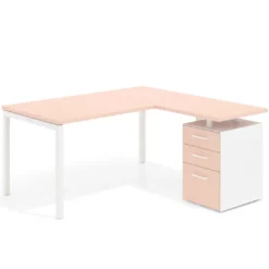 Mesa de oficina en L con cajones Kube fondo 80, ala corta, frontales melamina, estructura blanca