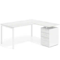 Mesa de oficina en L con cajones Kube fondo 80, ala corta, frontales melamina, estructura blanca