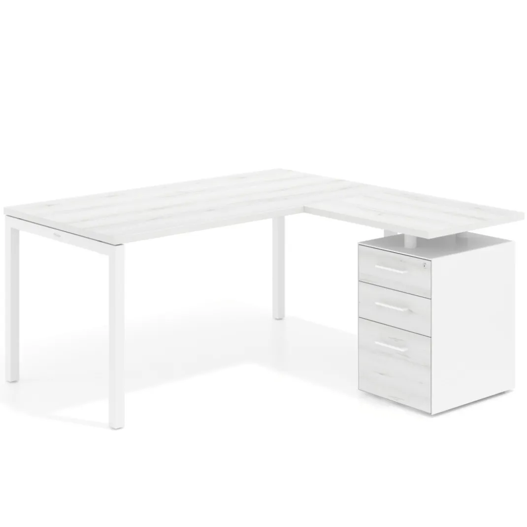 Mesa de oficina en L con cajones Kube fondo 80, ala corta, frontales melamina, estructura blanca