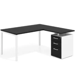 Mesa de oficina en L con cajones Kube fondo 80, ala corta, frontales melamina, estructura blanca