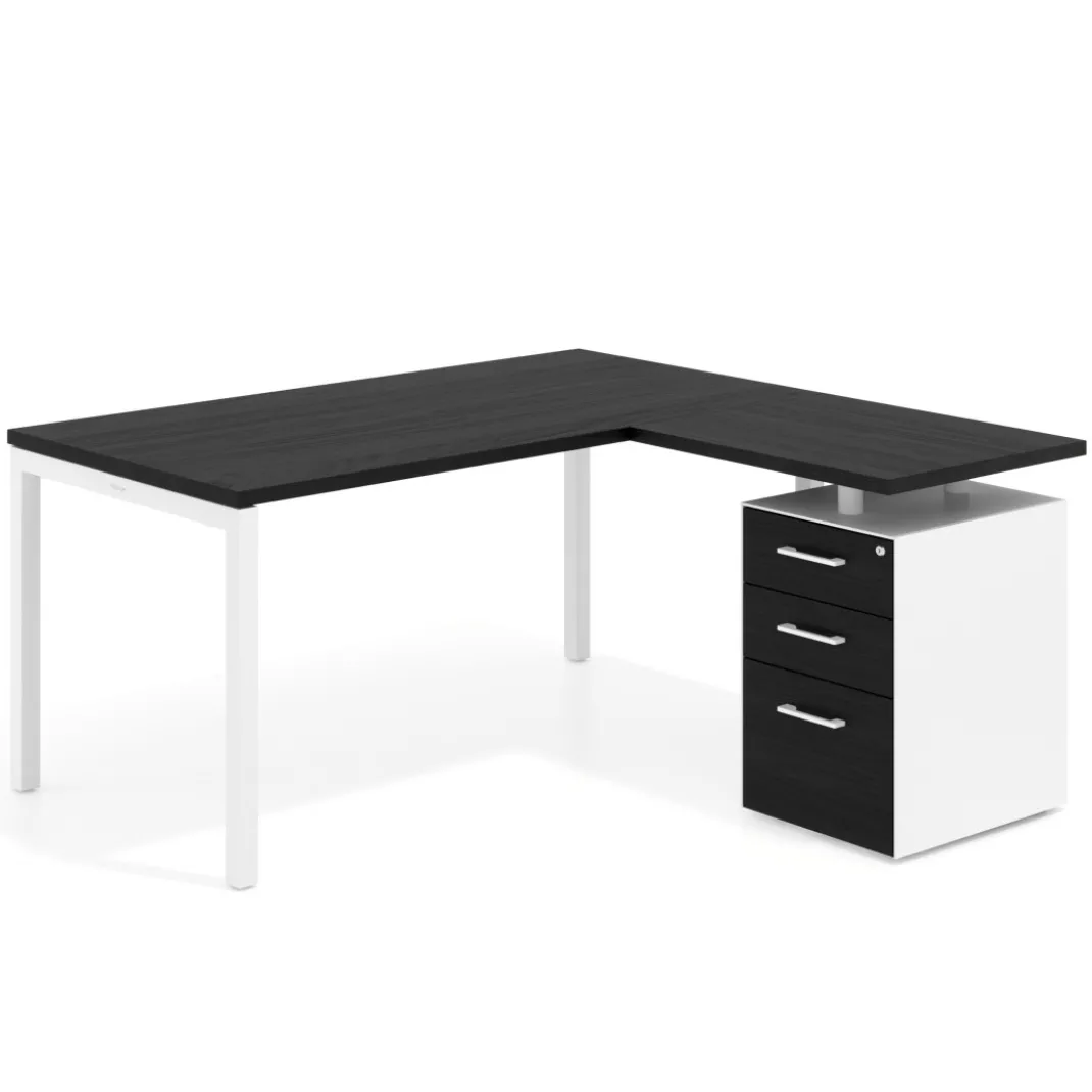 Mesa de oficina en L con cajones Kube fondo 80, ala corta, frontales melamina, estructura blanca