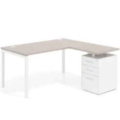 Mesa de oficina en L con cajones Kube fondo 80, ala corta, frontales metal, estructura blanca